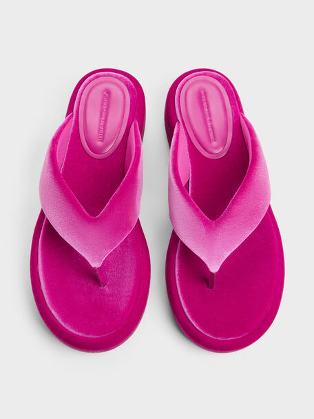 Velvet Flatform Thong Sandals, Fuchsia, hi-res
