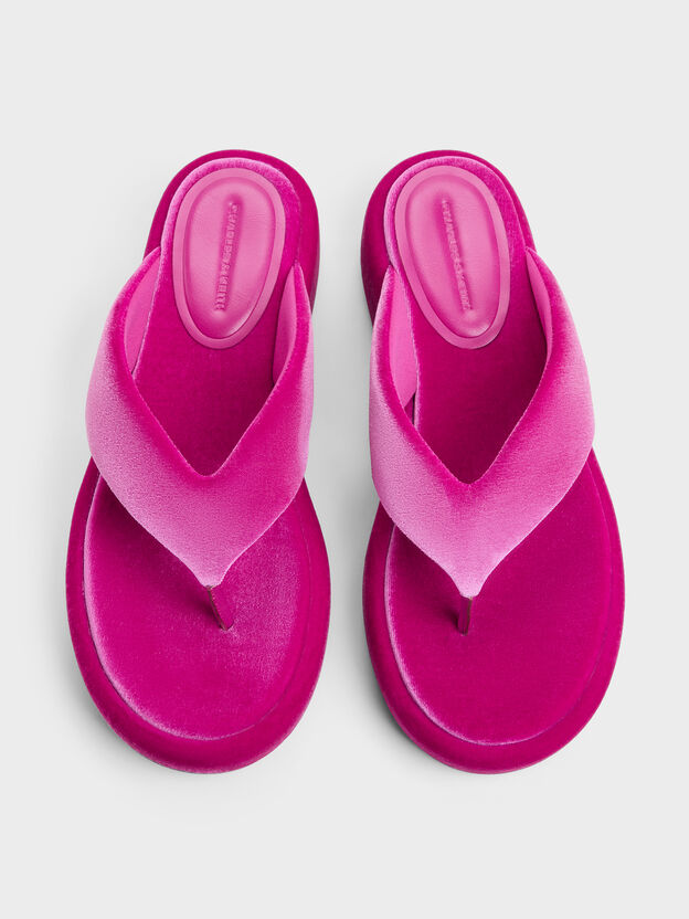 Velvet Flatform Thong Sandals, Fuchsia, hi-res