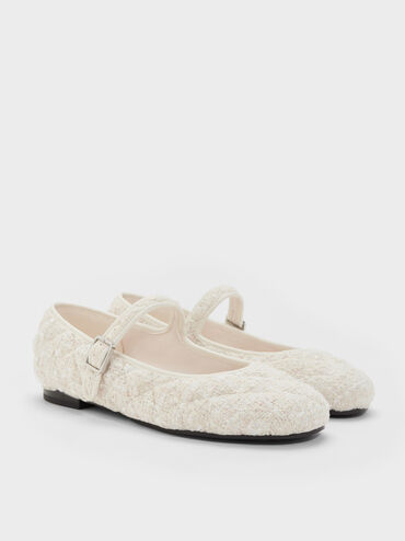 Carmel Tweed Quilted Buckled Mary Jane Flats, White, hi-res