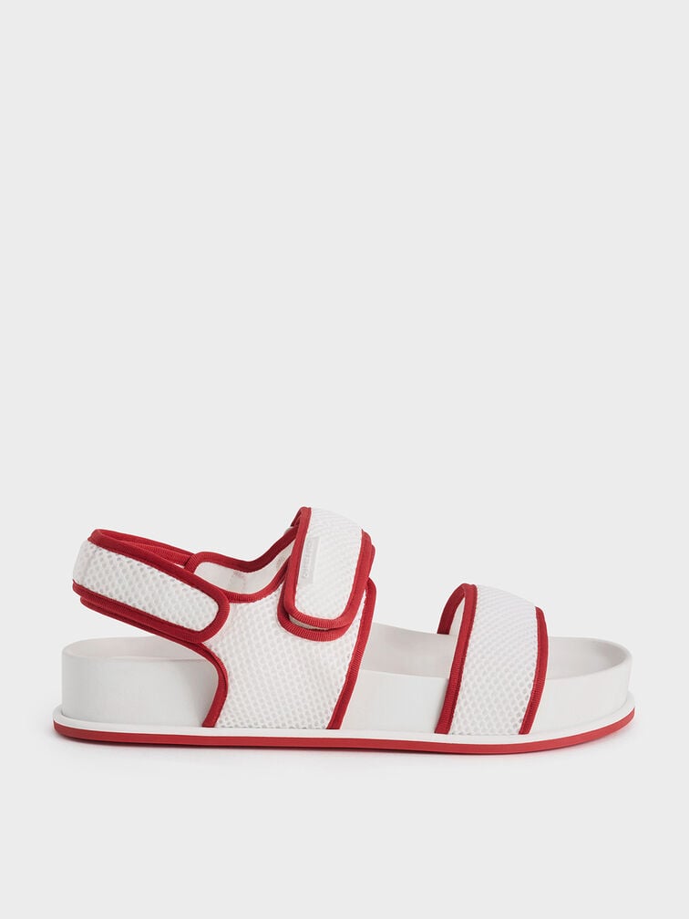 Mesh Contrast-Trim Double-Strap Slingback Sandals, Red, hi-res