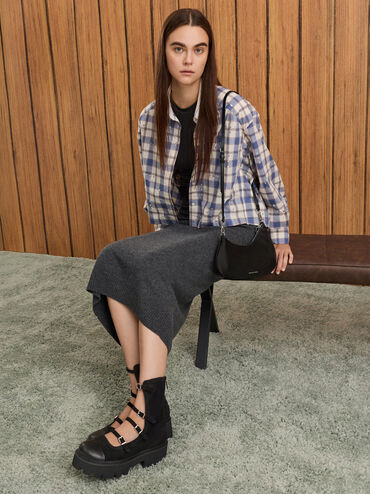 Dion Satin Chain-Handle Asymmetric Shoulder Bag, Noir, hi-res