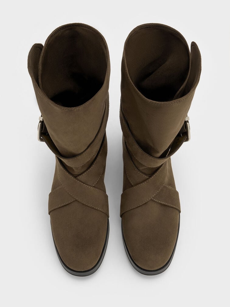 Brett Faux Suede Buckle-Strap Calf Boots, Dark Brown Textured, hi-res
