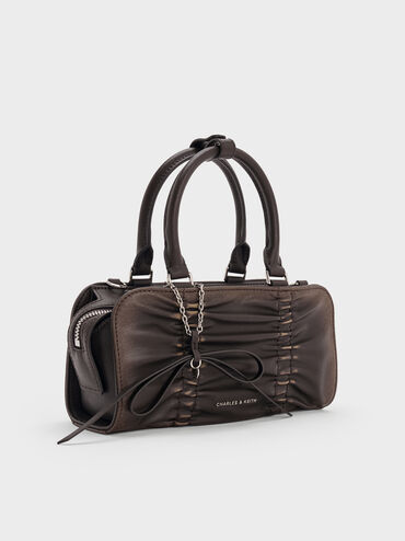 Kadee Ruched Bow-Charm Bowling Bag, Burnished Brown, hi-res
