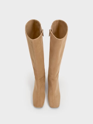 Faux Suede Square-Toe Knee-High Boots, Sand, hi-res