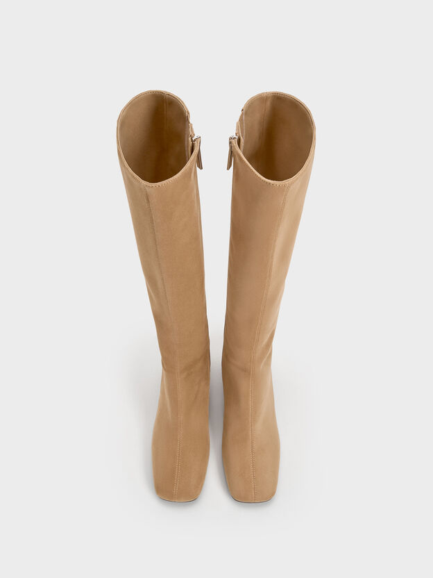 Faux Suede Square-Toe Knee-High Boots, Sand, hi-res
