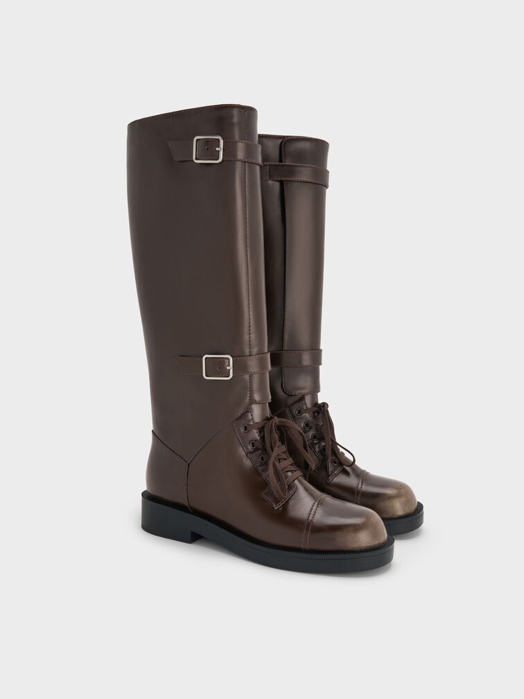 Burnished Double-Buckle Combat Knee-High Boots, Dark Brown, hi-res