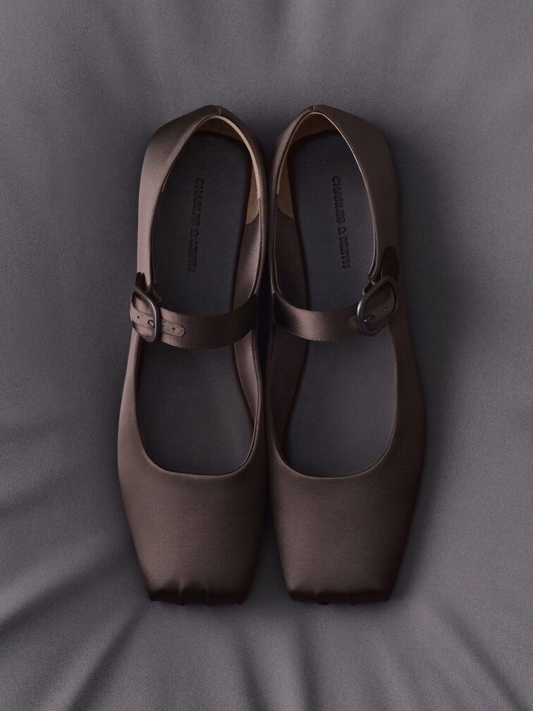 Square-Toe Mary Jane Flats, Dark Brown Textured, hi-res