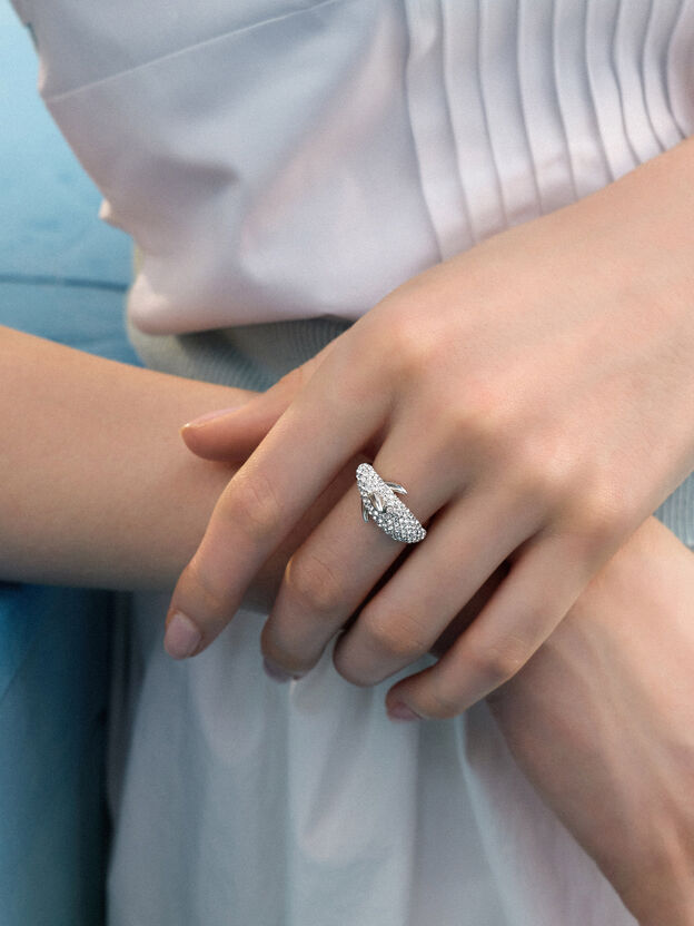 Delphina Crystal-Dolphin Ring, Silver, hi-res