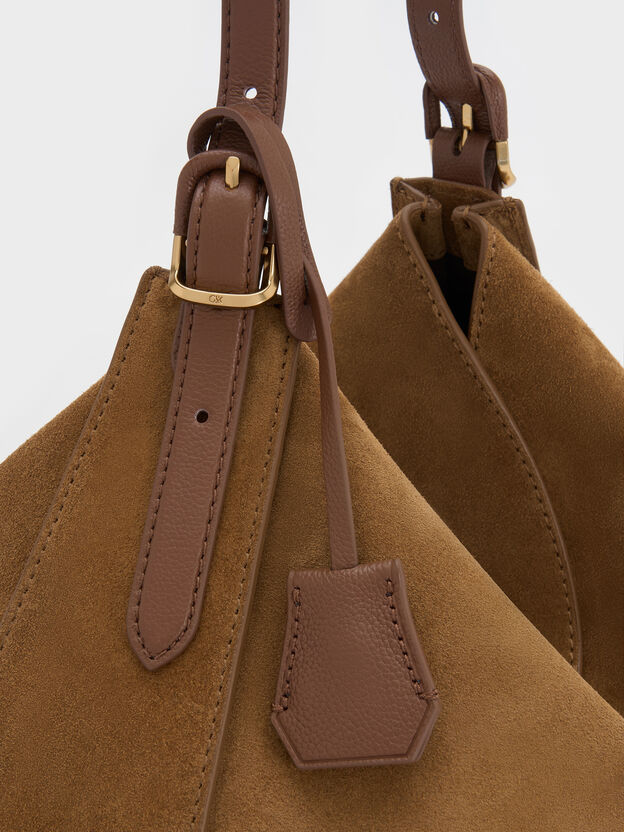 Large Leather & Suede Top-Flap Hobo Bag, Brown, hi-res