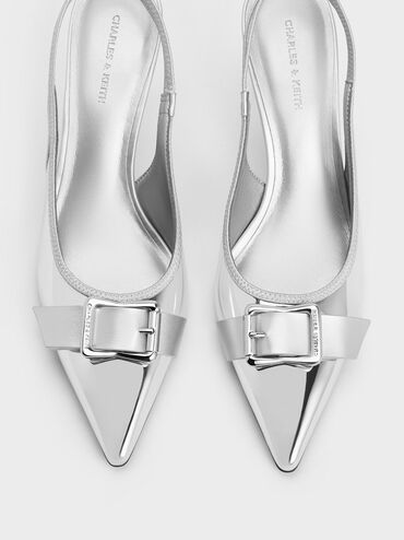 Anita Metallic Buckled Pointed-Toe Slingback Pumps, Silver, hi-res