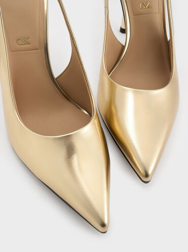 Metallic Leather Slingback Stiletto Pumps, Gold, hi-res