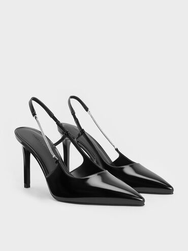 Chain-Strap Pointed-Toe Slingback Pumps, Black Box, hi-res