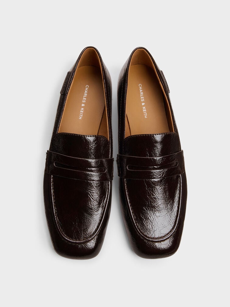 Crinkle-Effect Penny Loafers, Dark Brown, hi-res
