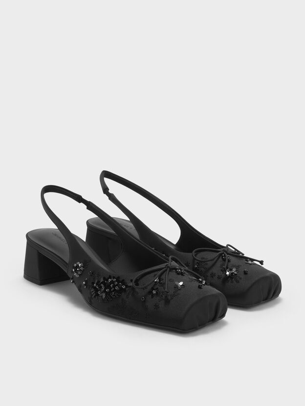 Sadira Satin Embroidered Sequinned Slingback Pumps, Black Textured, hi-res