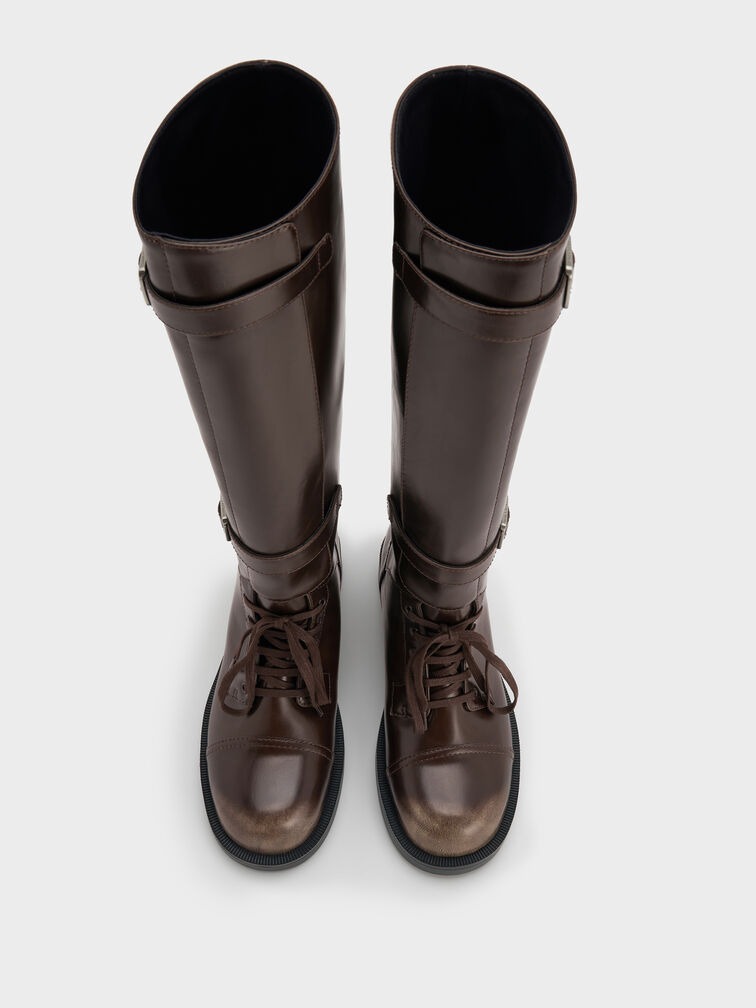 Burnished Double-Buckle Combat Knee-High Boots, Dark Brown, hi-res