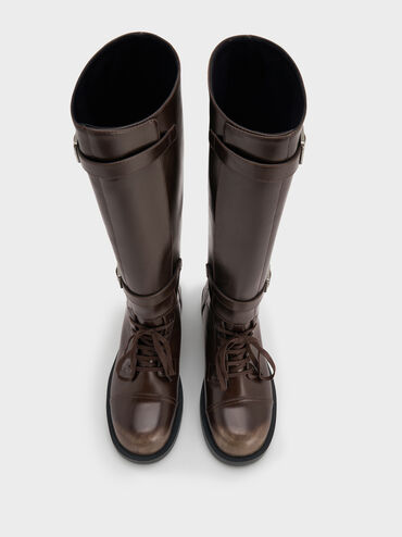 Burnished Double-Buckle Combat Knee-High Boots, Dark Brown, hi-res