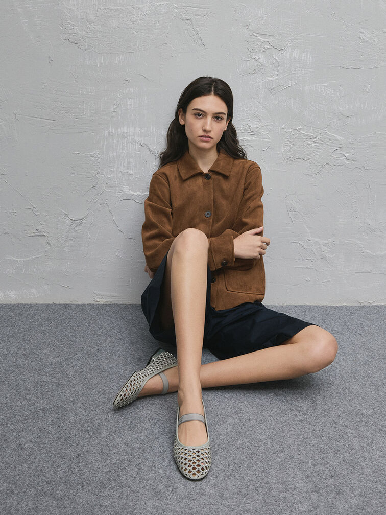 Studded Cut-Out Ballet Flats, Light Grey, hi-res