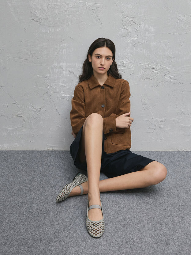 Studded Cut-Out Ballet Flats, Light Grey, hi-res