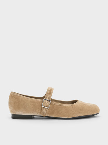 Carmel Velvet Buckled Mary Jane Flats, Beige, hi-res