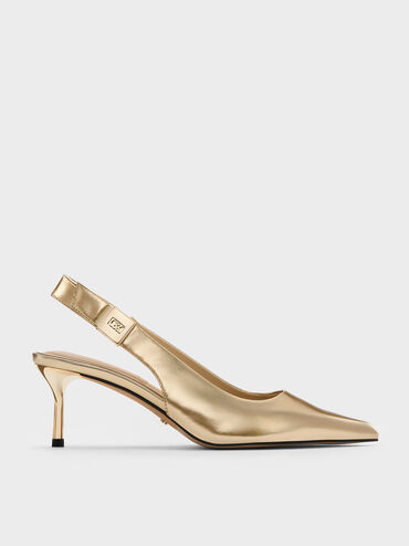 Cody Metallic Leather Pointed-Toe Kitten-Heel Slingback Pumps, Gold, hi-res