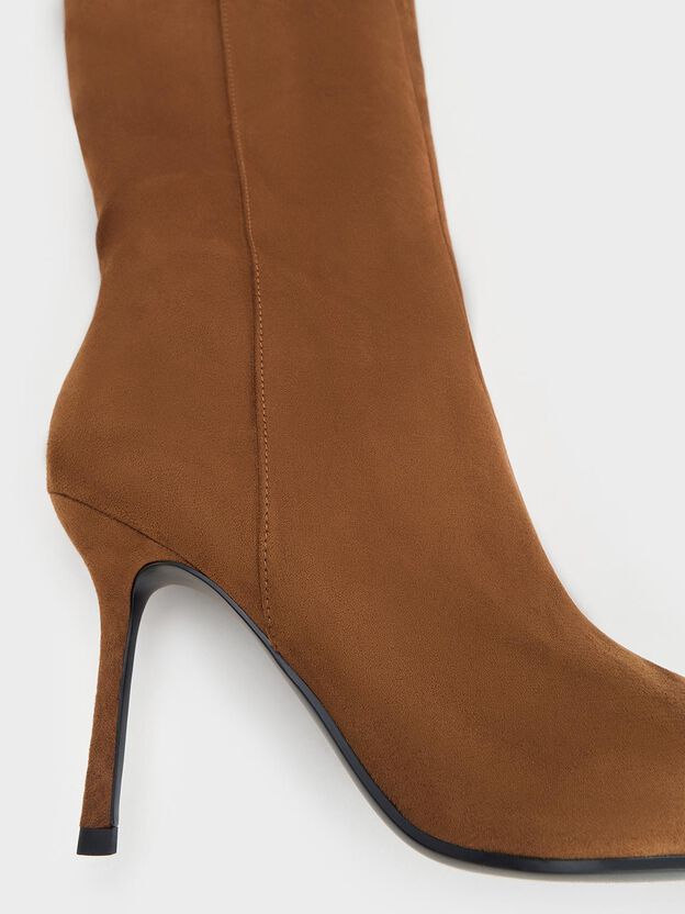 Faux Suede Pointed Stiletto Knee-High Boots, Cognac, hi-res