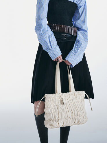 Klio Nylon Ruched Tote Bag, Cream, hi-res