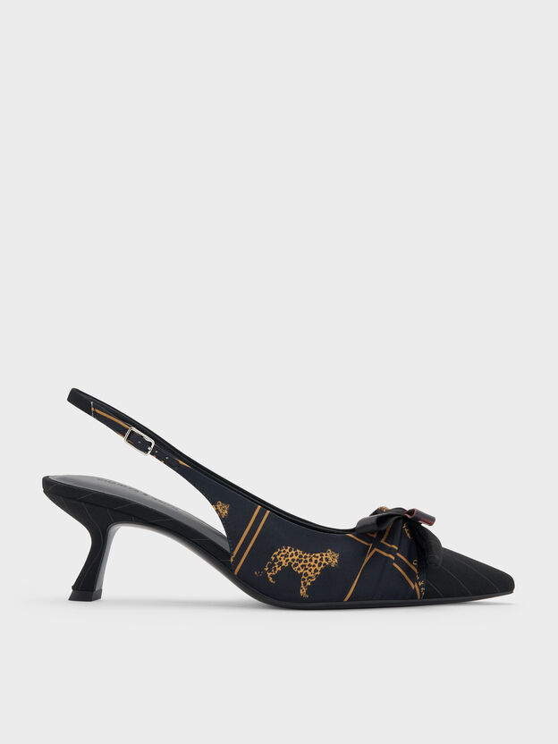 Satin Printed-Bow Pointed Slingback Pumps, Black Textured, hi-res
