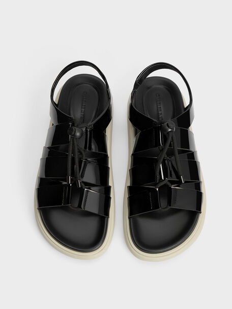 Patent Drawstring Lace-Up Sandals, Black Patent, hi-res