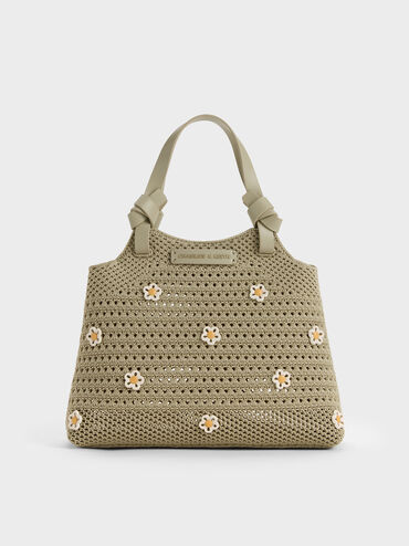 Mini Ida Flower Knitted Tote Bag, Pale Olive, hi-res