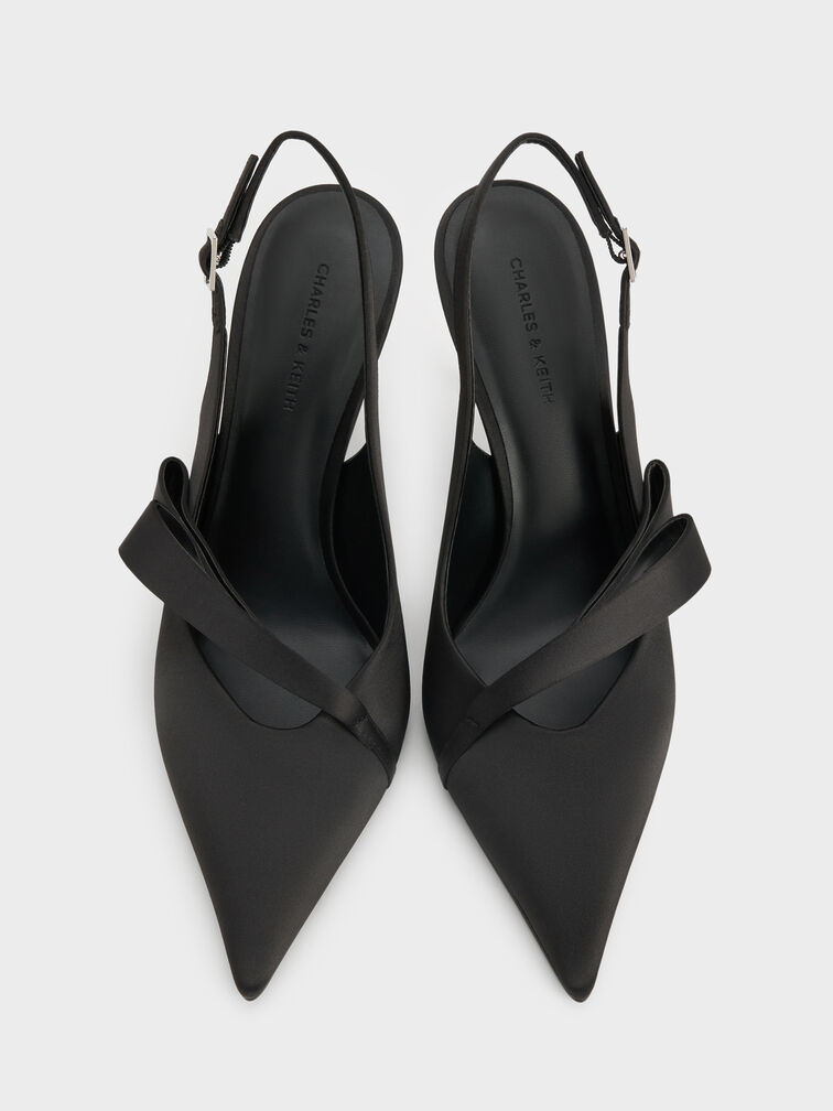 Satin Pleated-Strap Slingback Pumps, Black Textured, hi-res