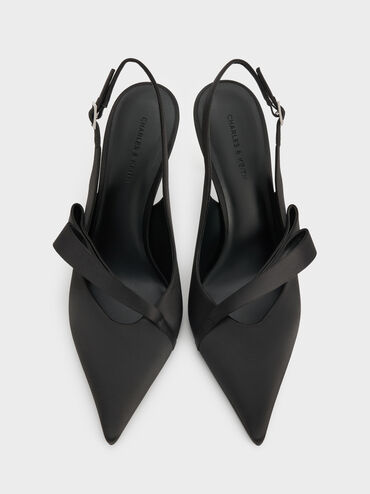 Satin Pleated-Strap Slingback Pumps, Black Textured, hi-res