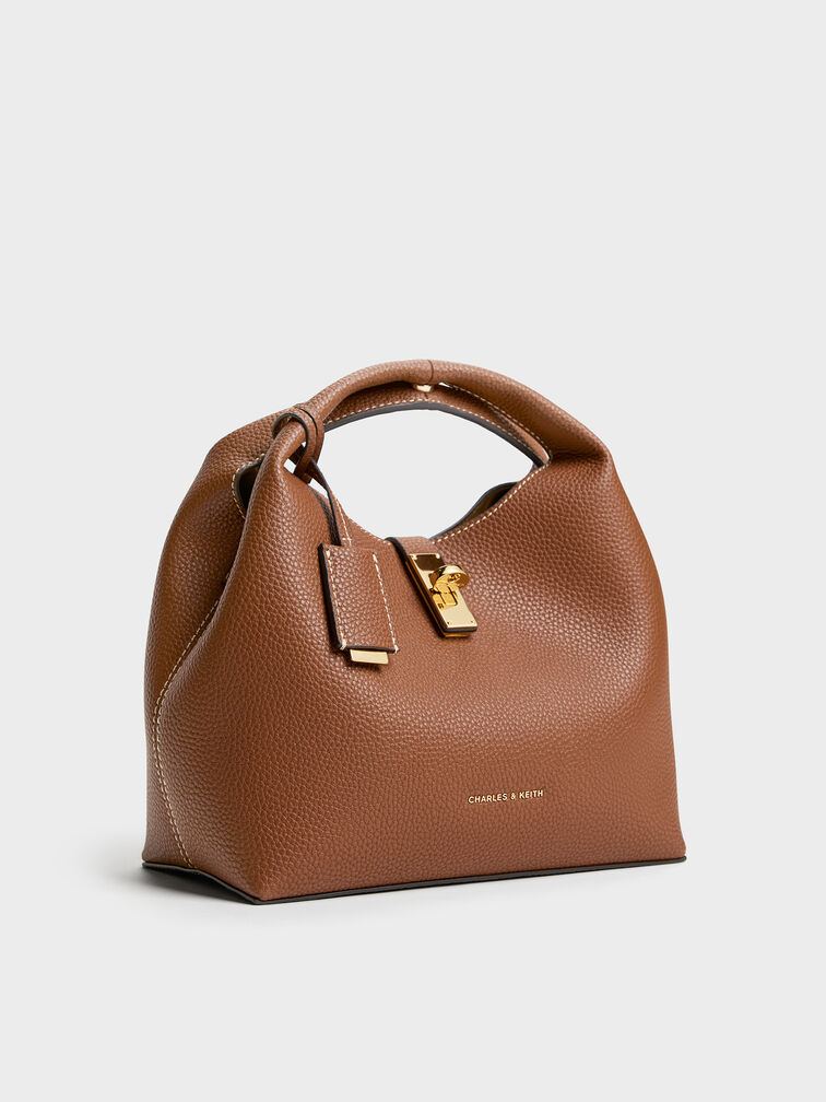 Chance Recycled Leather Turn-Lock Bucket Bag, Chocolate, hi-res