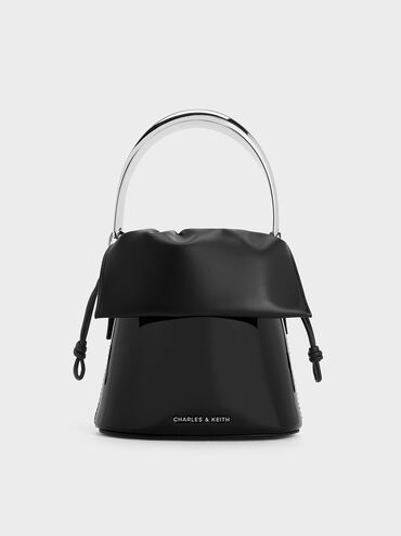 Patent Ruched-Flap Drawstring Bucket Bag, Noir, hi-res