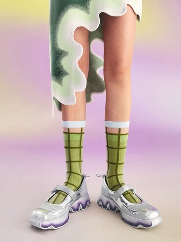 Mesh Gradient Wave Mary Jane Sneakers, Silver, hi-res