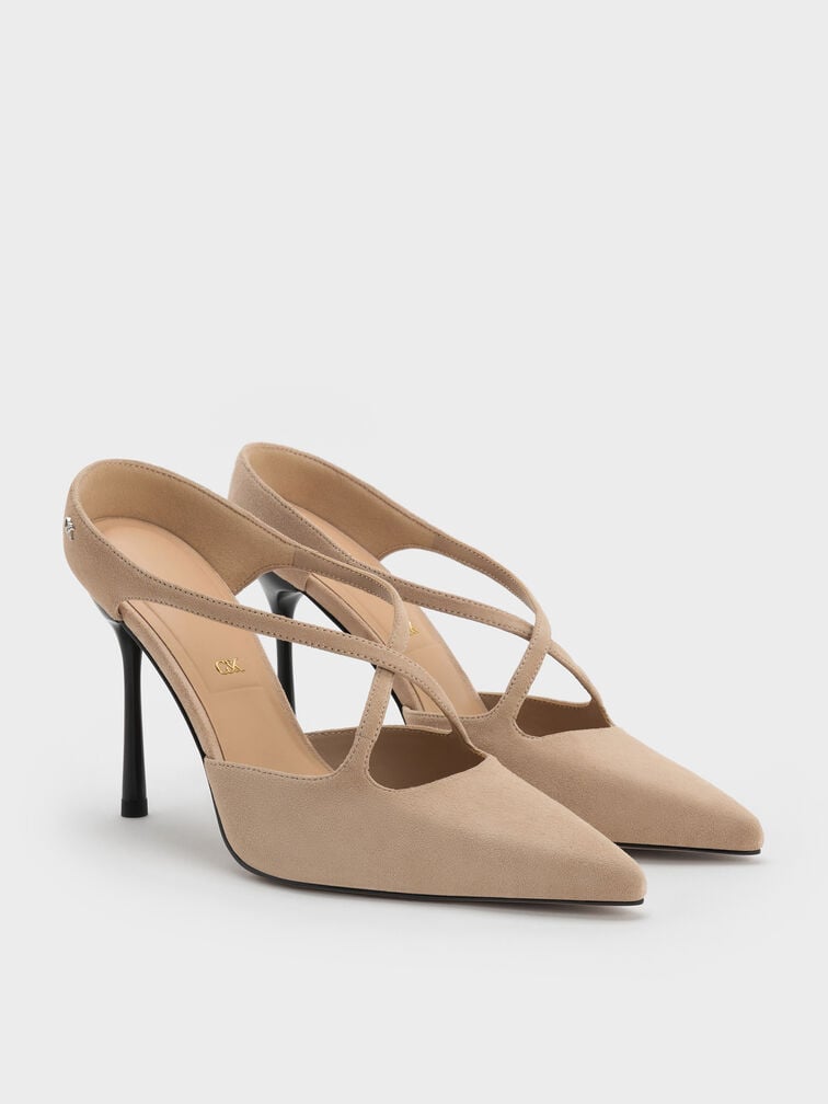 Kyra Suede Crossover-Strap Stiletto-Heel Mules, Taupe, hi-res