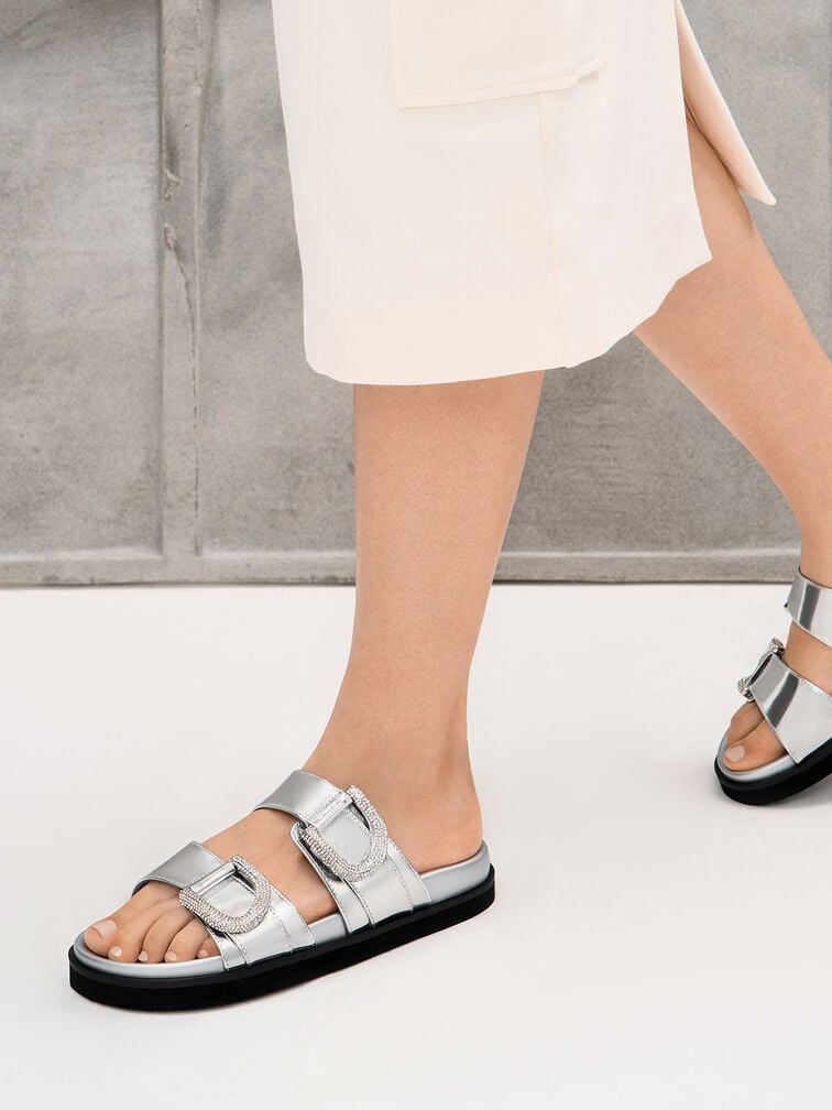 Gabine Crystal-Embellished Buckle Metallic Leather Slides, Silver, hi-res