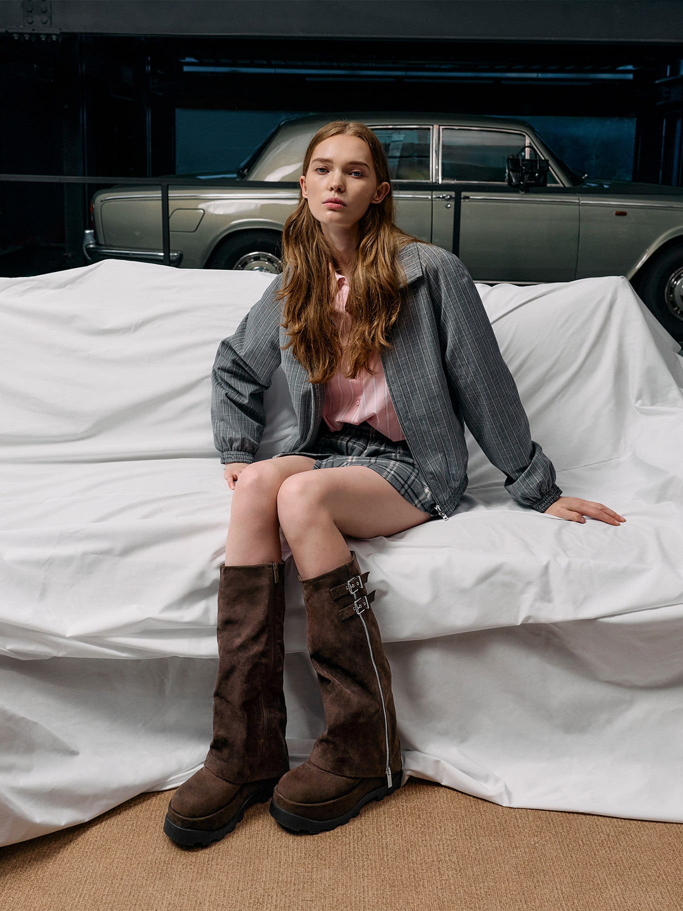 Dark Brown Textured Barron Faux Suede Platform Knee-High Boots - CHARLES & KEITH
