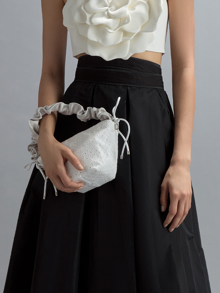 Women’s leather & lace ruched top handle bag in white - CHARLES & KEITH