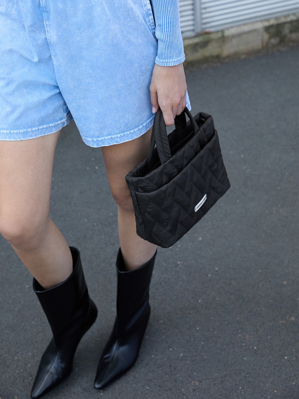 Women’s nylon chevron boxy tote bag in jet black and elongated square-toe kitten-heel calf boots in black - CHARLES & KEITH