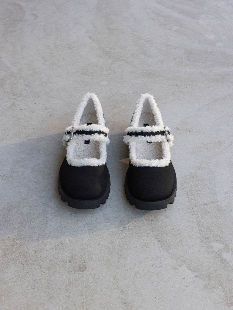 Women’s textured fur-trim buckled Mary Janes in black textured - CHARLES & KEITH