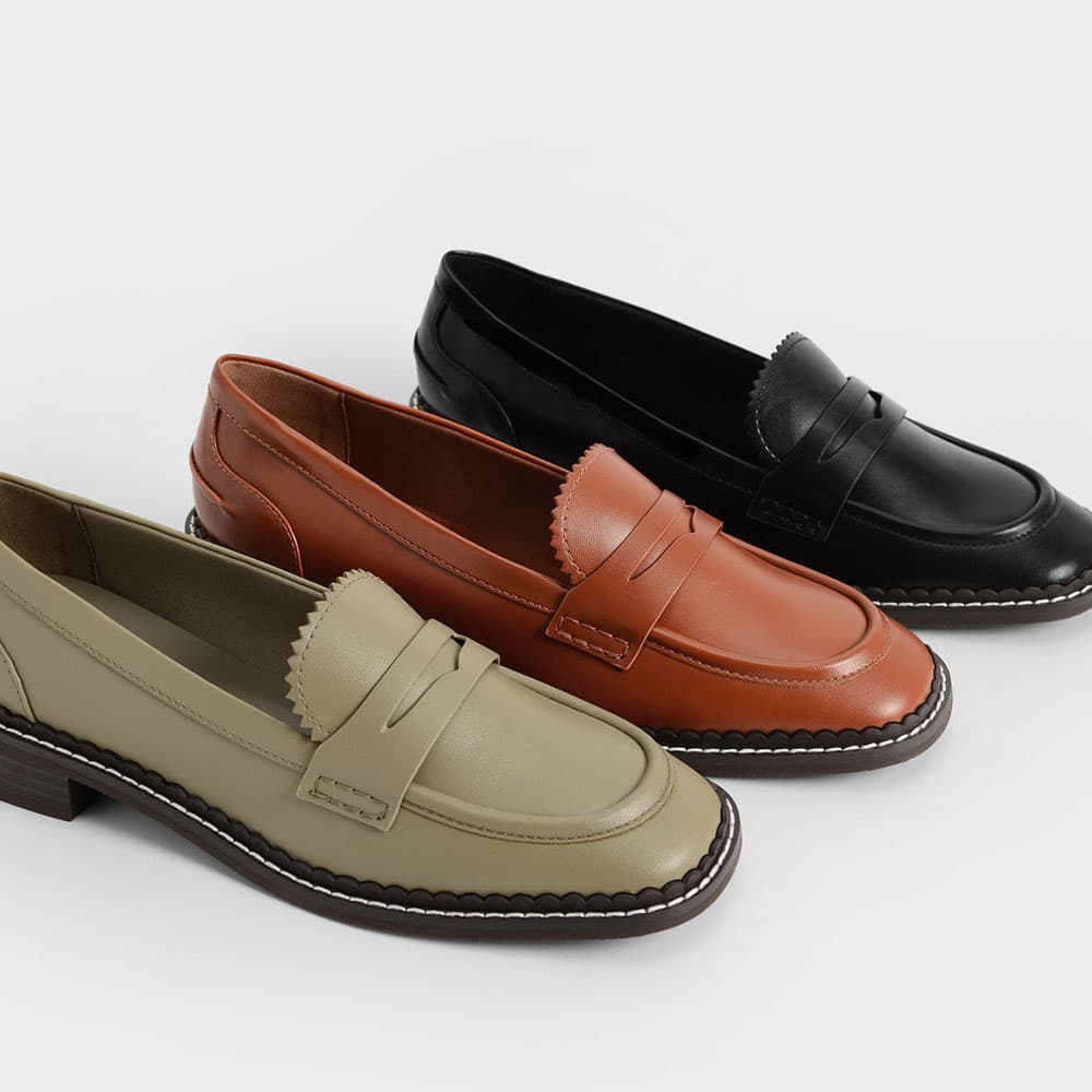 Women's scallop-trim penny loafers in olive, cognac, black - CHARLES & KEITH