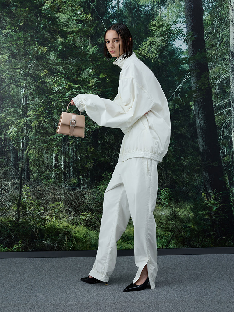 Sammie Satin Crystal-Buckle Belted Top Handle Bag in nude and Patent Pointed-Toe Sculptural-Heel Slingback Pumps in black — CHARLES & KEITH