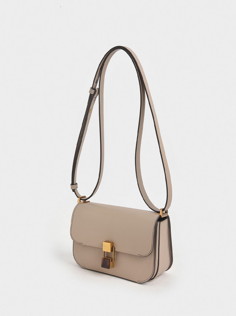 Women’s stone-embellished crossbody bag in taupe - CHARLES & KEITH