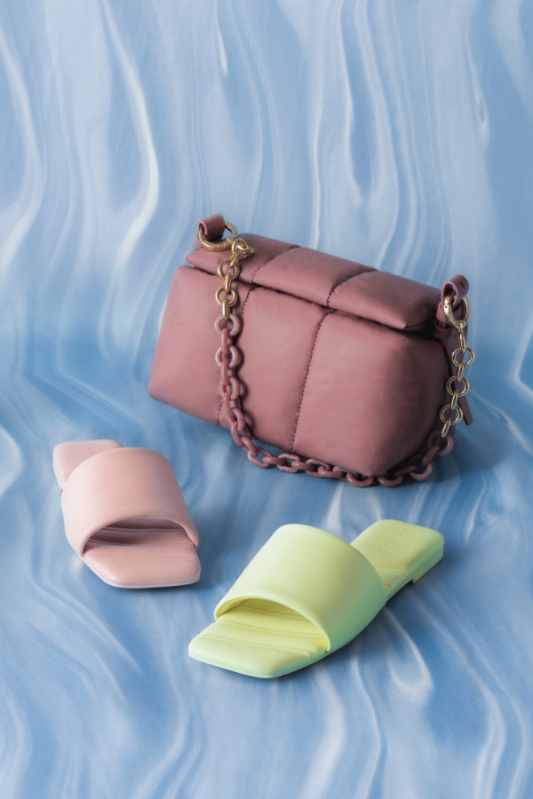 Women’s Square Toe Padded Slide Sandals in light pink and light green, and Aralia Two-Tone Chain Handle Boxy Shoulder Bag in mauve - CHARLES & KEITH