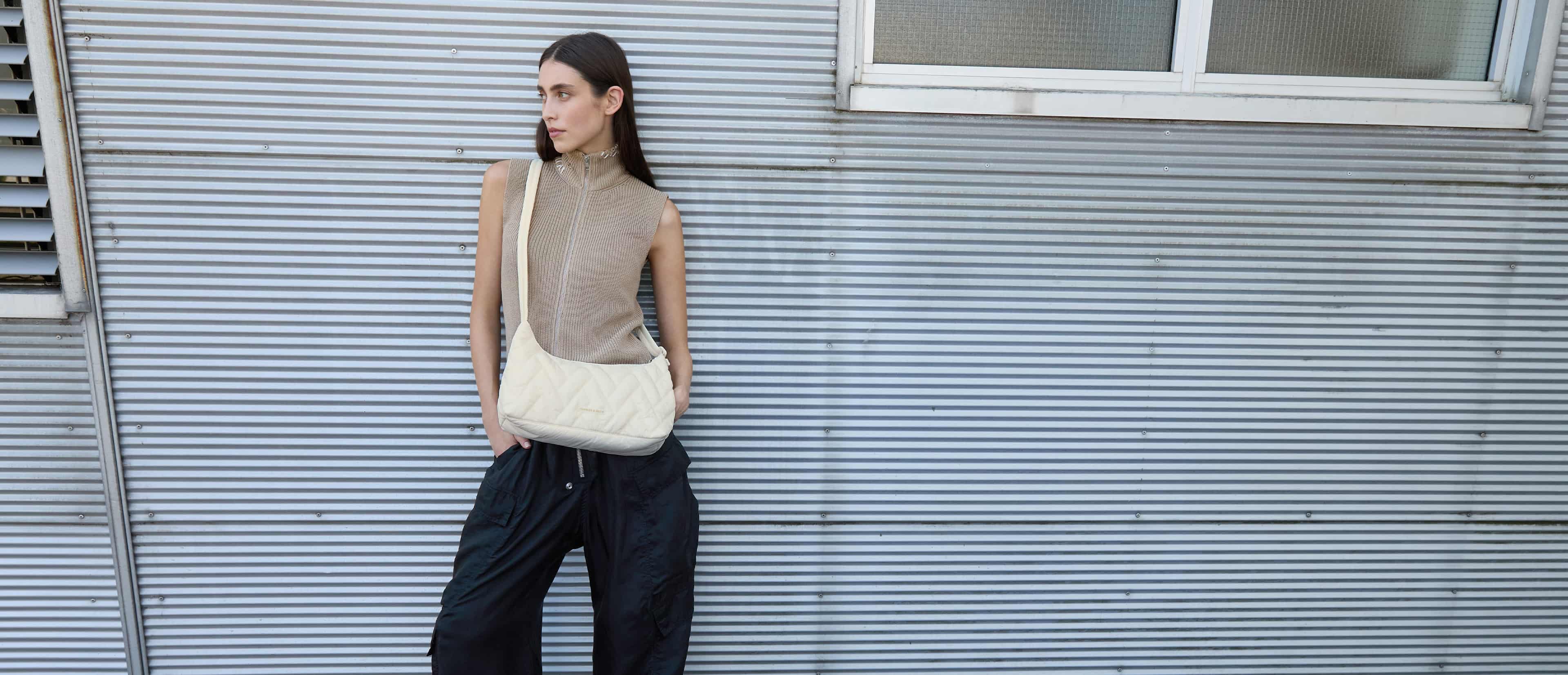 Women’s nylon chevron shoulder bag in cream - CHARLES & KEITH