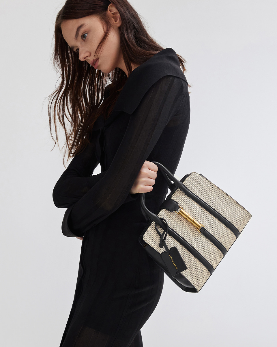 Women’s Cesia canvas metallic accent tote bag in black - CHARLES & KEITH