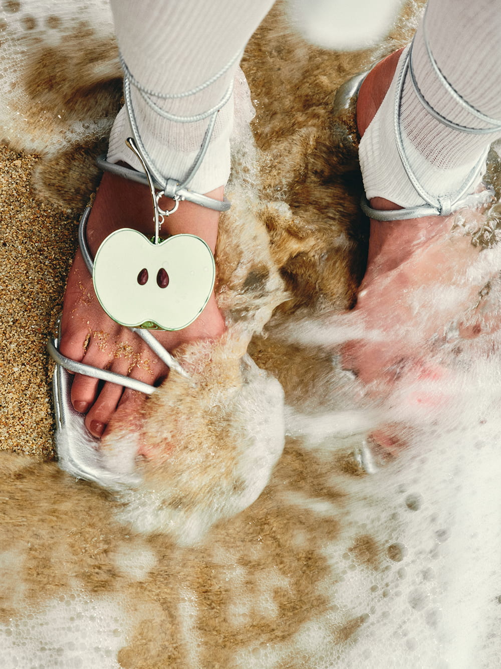 Women’s strappy tie-around sandals in silver with green apple charm - YVMIN x CHARLES & KEITH