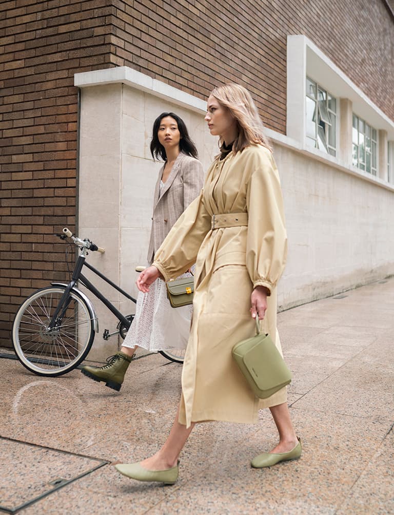 Women’s ruched ballerina flats and front flap crossbody bag in sage green – CHARLES & KEITH