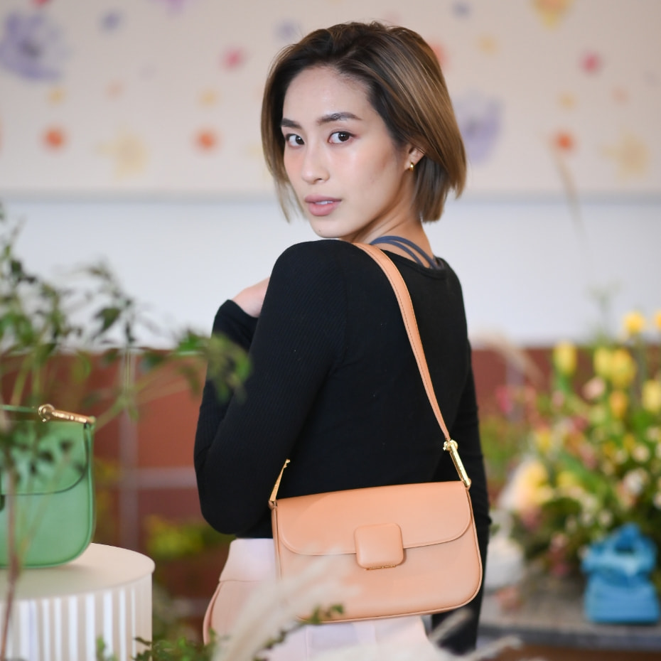 Women’s Koa square push-lock shoulder bag in orange, as seen on Bernadette Belle Ong - CHARLES & KEITH