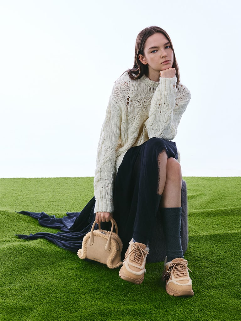 Women's Yunna Suede & Faux Shearling Chunky sneakers in beige and Nelly Recycled Suede & Faux Shearling Bowling bag in nutmeg beige - CHARLES & KEITH